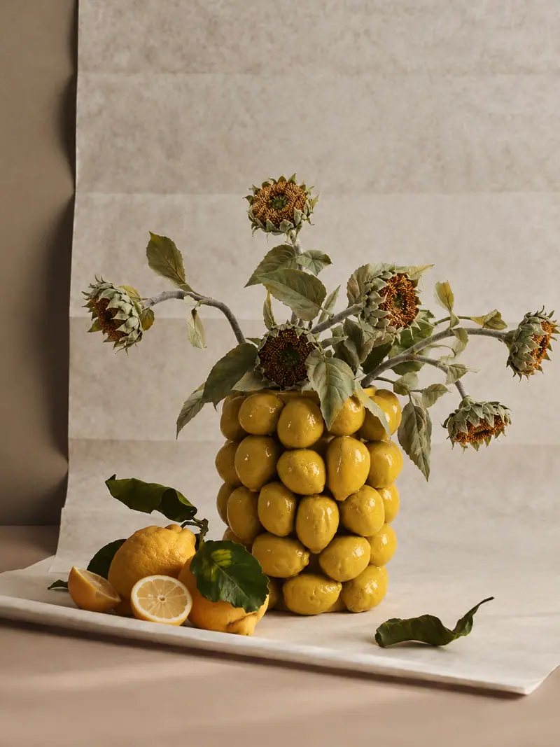 Ceramics arranged with flowers and fabric